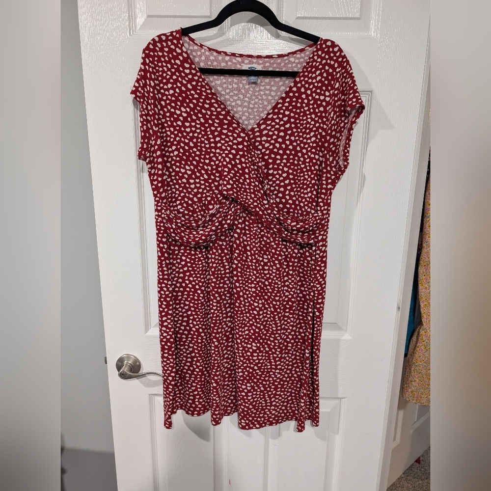 Old Navy Red with White Heart Print Short Sleeve Draped Front Dress Size 1X